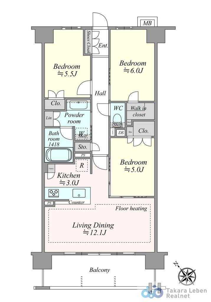 レーベン検見川浜ＧＲＡＮＶＡＲＤＩ 3LDK、価格4480万円、専有面積72m<sup>2</sup>、バルコニー面積10.8m<sup>2</sup> 整った3つの洋室と、対面キッチンから全体が見渡せるリビング。各々独立したお部屋を持ちながらも、リビングでは家族団らんの時間を過ごすことができるでしょう。