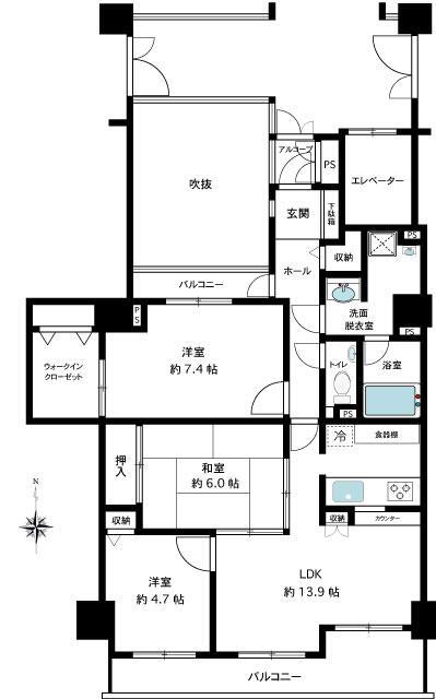 エステ・スクエア松風台 3LDK、価格888万円、専有面積81.58m<sup>2</sup>、バルコニー面積12.53m<sup>2</sup> 大型３LDK