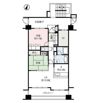 サーパス群大医学部前 2LDK、価格1830万円、専有面積68.72m<sup>2</sup>、バルコニー面積13.12m<sup>2</sup> 間取り