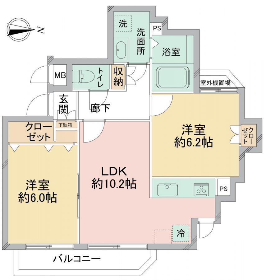 コーラル京王橋本 2LDK、価格2490万円、専有面積52.62m<sup>2</sup>、バルコニー面積4.88m<sup>2</sup> 。全居室6.0帖以上の広さが確保されています。LDKは約10.2帖、隣接する洋室との一体利用も可能です。各洋室のクローゼットや廊下収納など、豊富な収納スペースも魅力です。