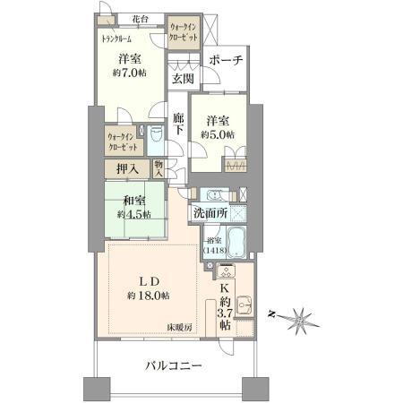ヨコハマタワーリングスクエア 3LDK、価格1億500万円、専有面積78.54m<sup>2</sup>、バルコニー面積13m<sup>2</sup> 間取り図
