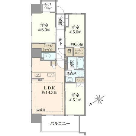 シティハウス武蔵野 3LDK、価格1億4800万円、専有面積70.13m<sup>2</sup>、バルコニー面積8.07m<sup>2</sup> 間取り図