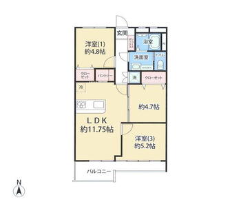 府中住吉住宅４号棟 3LDK、価格2380万円、専有面積61.92m<sup>2</sup>、バルコニー面積7.09m<sup>2</sup> 間取図。