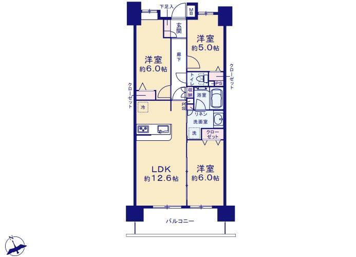 日神パレステージ船橋南 3LDK、価格4230万円、専有面積63.88m<sup>2</sup>、バルコニー面積9.62m<sup>2</sup> 【間取図】<BR>新規リノベーション済の３LDK♪<BR>南向きにつき陽当たり良好な住宅です！<BR>明るいリビングで家族団らんの時間を楽しみましょう！！