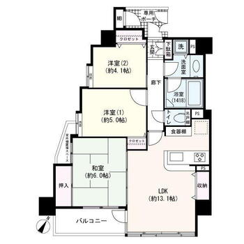 ローズアヴェニュー西巣鴨 3LDK、価格5280万円、専有面積62.88m<sup>2</sup>、バルコニー面積5.14m<sup>2</sup> 間取図