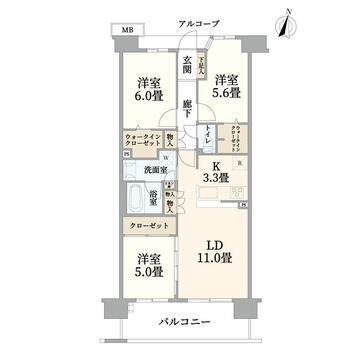 デュオヒルズ中央林間 3LDK、価格3490万円、専有面積71.69m<sup>2</sup>、バルコニー面積11.1m<sup>2</sup> 