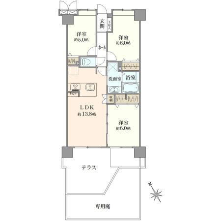 ダイアパレス篠崎　ブリリアントコート 3LDK、価格3890万円、専有面積65.4m<sup>2</sup> 間取り図
