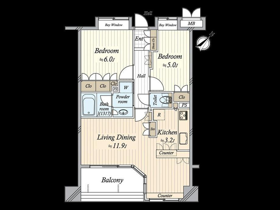 東京月島ガーデンハウス 2LDK、価格8790万円、専有面積59.2m<sup>2</sup>、バルコニー面積6.28m<sup>2</sup> 南東向きバルコニーを備えた2LDK。約3.2帖のキッチンは独立型に近い形状のため、調理に集中できます。全居室収納付きで住空間をすっきりと片付けられます。