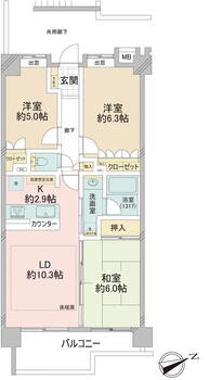 エクセレントスクエア高幡不動 3LDK、価格2980万円、専有面積64.9m<sup>2</sup>、バルコニー面積8.04m<sup>2</sup> 