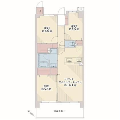 サンクレイドル橋本 3LDK、価格2998万円、専有面積67.41m<sup>2</sup>、バルコニー面積12m<sup>2</sup> 3LDK+WIC+トランクルーム、専有面積67.41m<sup>2</sup>、バルコニー面積12m<sup>2</sup>、室内リノベーション実施
