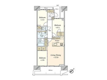 ＨＡＲＵＭＩ　ＦＬＡＧ　ＰＡＲＫ　ＶＩＬＬＡＧＥ　Ｆ棟 3LDK、価格1億2300万円、専有面積75.57m<sup>2</sup>、バルコニー面積12.4m<sup>2</sup> 間取図