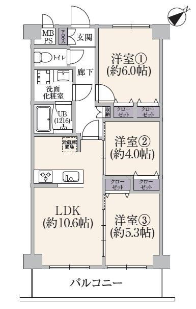 磯子パインプロムナード 3LDK、価格3980万円、専有面積59.32m<sup>2</sup>、バルコニー面積7.45m<sup>2</sup> 