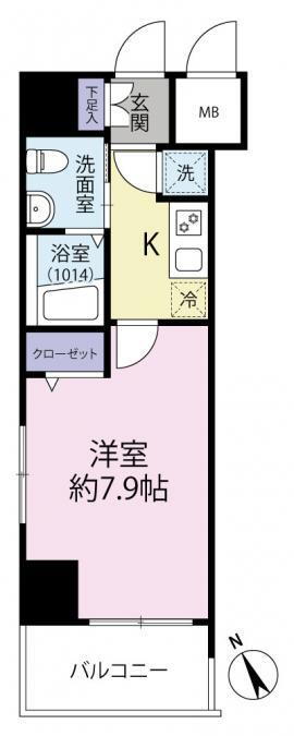 ロメック山手日暮里 1K、価格3880万円、専有面積25.42m<sup>2</sup>、バルコニー面積4.5m<sup>2</sup> 