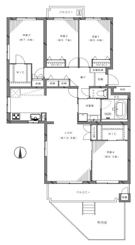 東船橋ガーデニア5号棟(1階) 4LDK、価格3490万円、専有面積101.73m<sup>2</sup>、バルコニー面積10.53m<sup>2</sup>