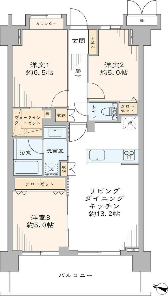 ルピナス横浜西グランファスト 3LDK、価格6280万円、専有面積67.02m<sup>2</sup>、バルコニー面積11.78m<sup>2</sup> ウォークインクローゼット付き収納豊富な3LDKです。南西向き7階部分のため陽当たり・眺望良好なお部屋です。