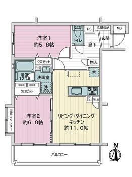 ガーデンホーム和田公園 2LDK、価格5398万円、専有面積54.97m<sup>2</sup>、バルコニー面積8.32m<sup>2</sup> 
