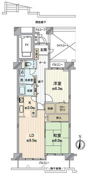 稲毛スカイタウン　ふれあいの街２号館 2LDK、価格1480万円、専有面積65.48m<sup>2</sup>、バルコニー面積10.51m<sup>2</sup> 間取図