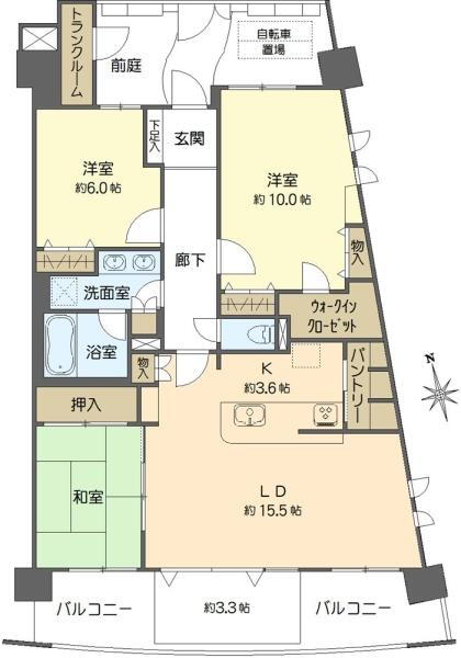 レイディアントシティ横濱　カルティエ６ 3LDK、価格3680万円、専有面積100.1m<sup>2</sup>、バルコニー面積15.63m<sup>2</sup> 間取り図