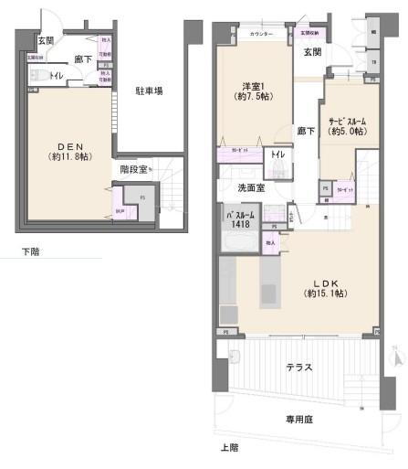 ディアクオーレ中野文園 3LDK、価格1億2990万円、専有面積108.02m<sup>2</sup>、バルコニー面積15.05m<sup>2</sup> 