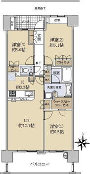 プラウド藤沢ウエスト 3LDK、価格4780万円、専有面積73.88m<sup>2</sup>、バルコニー面積12.44m<sup>2</sup> 