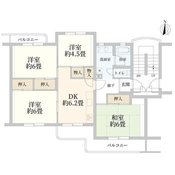 虹ヶ丘団地１－９号棟 4DK、価格1480万円、専有面積74.4m<sup>2</sup>、バルコニー面積12.4m<sup>2</sup> 