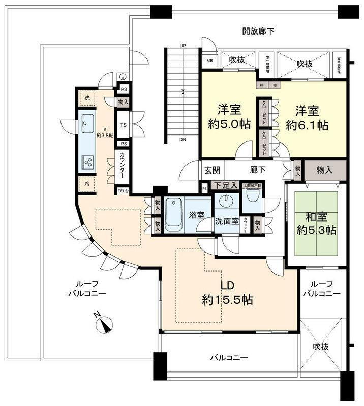 ルネステージ調布 3LDK、価格5280万円、専有面積82.83m<sup>2</sup>、バルコニー面積13.02m<sup>2</sup> 5階部分・3方角部屋住戸です。