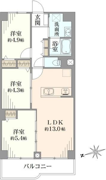 コーヅ関町スカイハイツ　２号棟 3LDK、価格3880万円、専有面積61.6m<sup>2</sup>、バルコニー面積7.6m<sup>2</sup> 間取り図