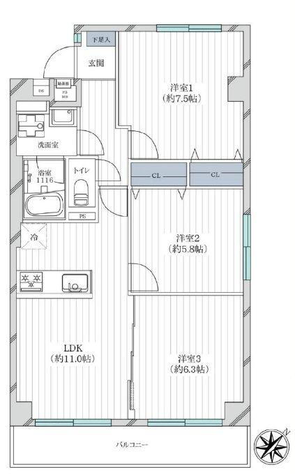 ドルミ葛西 3LDK、価格3698万円、専有面積68.8m<sup>2</sup>、バルコニー面積7.8m<sup>2</sup> 専有面積６８．８平米の３ＬＤＫタイプ。室内は新規フルリノベーション済です。２階の角部屋で全室に窓のある間取りです。