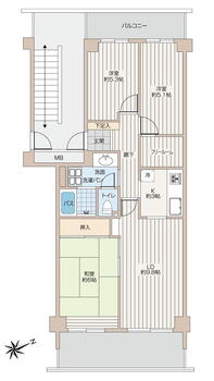 コート狭山台２号棟 3LDK、価格1380万円、専有面積69.72m<sup>2</sup>、バルコニー面積16.88m<sup>2</sup> 