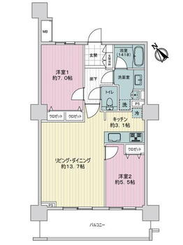 ライオンズタワーみどりのスタイリーナ 2LDK、価格2380万円、専有面積66.07m<sup>2</sup>、バルコニー面積13.2m<sup>2</sup> 