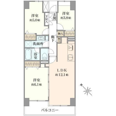 シーサイド片瀬江ノ島 3LDK、価格4799万円、専有面積61.68m<sup>2</sup>、バルコニー面積7.08m<sup>2</sup> 間取り図