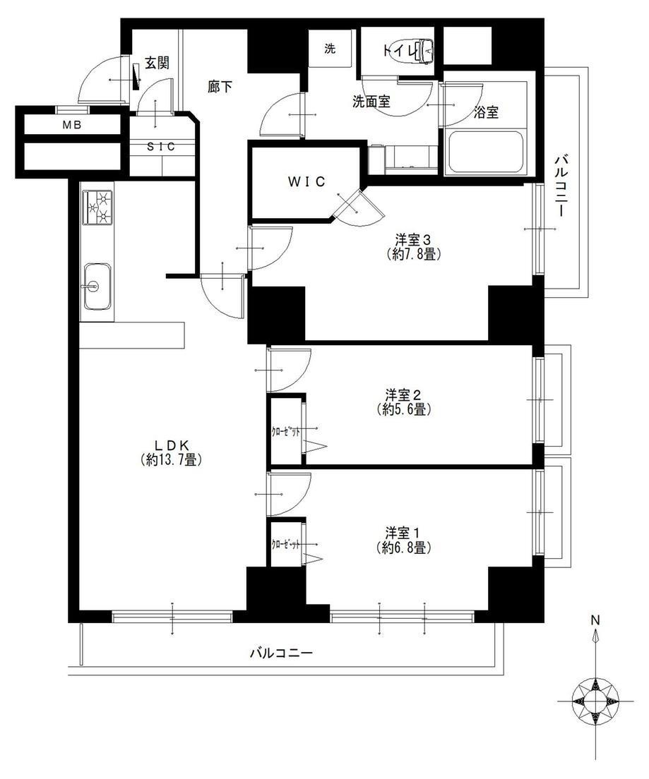 恒陽マンション 3LDK、価格4990万円、専有面積80.7m<sup>2</sup>、バルコニー面積10.26m<sup>2</sup> 