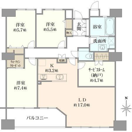 グランドステージ船橋 3LDK+S、価格9998万円、専有面積100.03m<sup>2</sup>、バルコニー面積8.12m<sup>2</sup> 間取り図