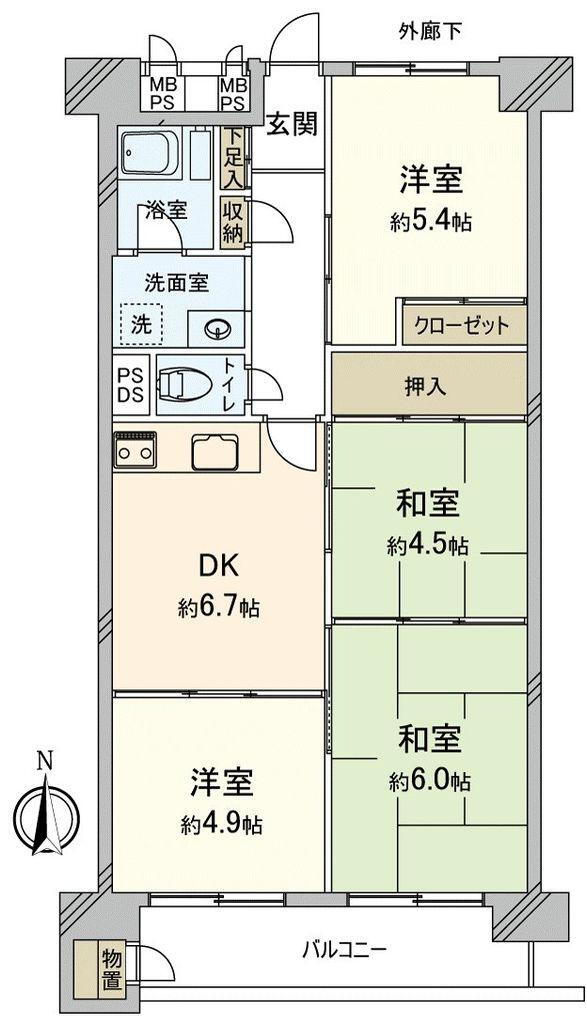 新松戸南パークハウス 4DK、価格2100万円、専有面積63.77m<sup>2</sup>、バルコニー面積6.55m<sup>2</sup> 間取図