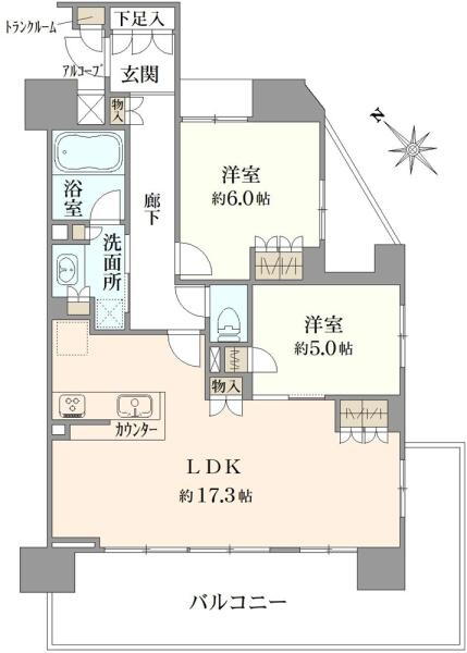 藤和シティホームズ練馬 2LDK、価格7980万円、専有面積66.18m<sup>2</sup>、バルコニー面積20.1m<sup>2</sup> 間取り図