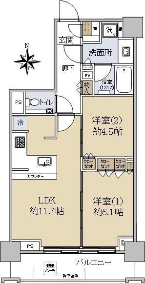 シティハウス中野レジデンス 2LDK、価格1億480万円、専有面積54.01m<sup>2</sup>、バルコニー面積7.69m<sup>2</sup> 