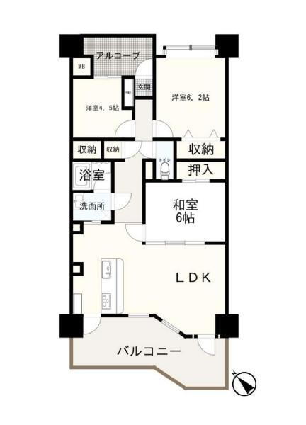 ユアコート狭山ヶ丘ビュータワー 3LDK、価格2990万円、専有面積73.66m<sup>2</sup>、バルコニー面積13.12m<sup>2</sup> 間取図