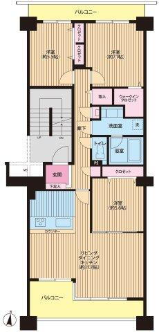 ベイシティ浦安Ｅ棟 3LDK、価格6190万円、専有面積83.95m<sup>2</sup>、バルコニー面積16.8m<sup>2</sup> 南向き、両面バルコニータイプ、逆梁工法を採用した明るいリビング、収納豊富な間取りです。