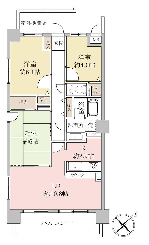 シティコート新松戸弐番館 3LDK、価格1980万円、専有面積67.2m<sup>2</sup>、バルコニー面積8.28m<sup>2</sup> リビングからも廊下からも出入り可能な和室のあるお部屋です。シックなグレーの色味で揃えてあります。