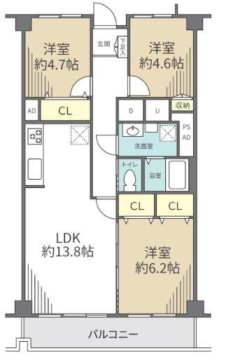 多摩稲城マンションＣ棟 3LDK、価格2390万円、専有面積69.3m<sup>2</sup>、バルコニー面積7.93m<sup>2</sup> 南西向きの明るい室内です。たっぷりの収納力がうれしいプランニング。広いリビングもうれしいですね。