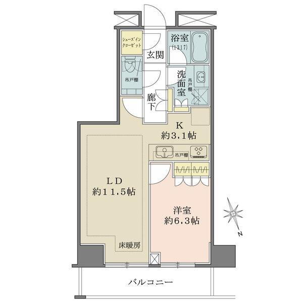 ザ・パークハウス新宿タワー 1LDK、価格8680万円、専有面積48.07m<sup>2</sup>、バルコニー面積6.65m<sup>2</sup> 間取図