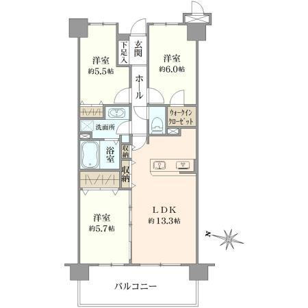 エクセレントプレイスドリームマークス 3LDK、価格2398万円、専有面積68.33m<sup>2</sup>、バルコニー面積11.8m<sup>2</sup> 間取り図