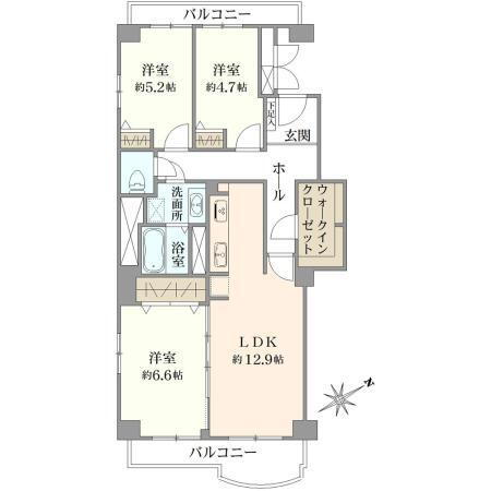 サンライトパストラル壱番街　Ａ棟 3LDK、価格2798万円、専有面積74.65m<sup>2</sup>、バルコニー面積9.56m<sup>2</sup> 間取り図