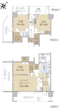 アルファスクエアさいたま新都心 3LDK、価格3690万円、専有面積76.1m<sup>2</sup>、バルコニー面積31.3m<sup>2</sup> 