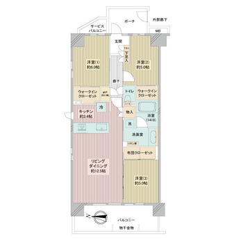 ファインシティ新越谷 3LDK、価格4780万円、専有面積73.18m<sup>2</sup>、バルコニー面積12.1m<sup>2</sup> 