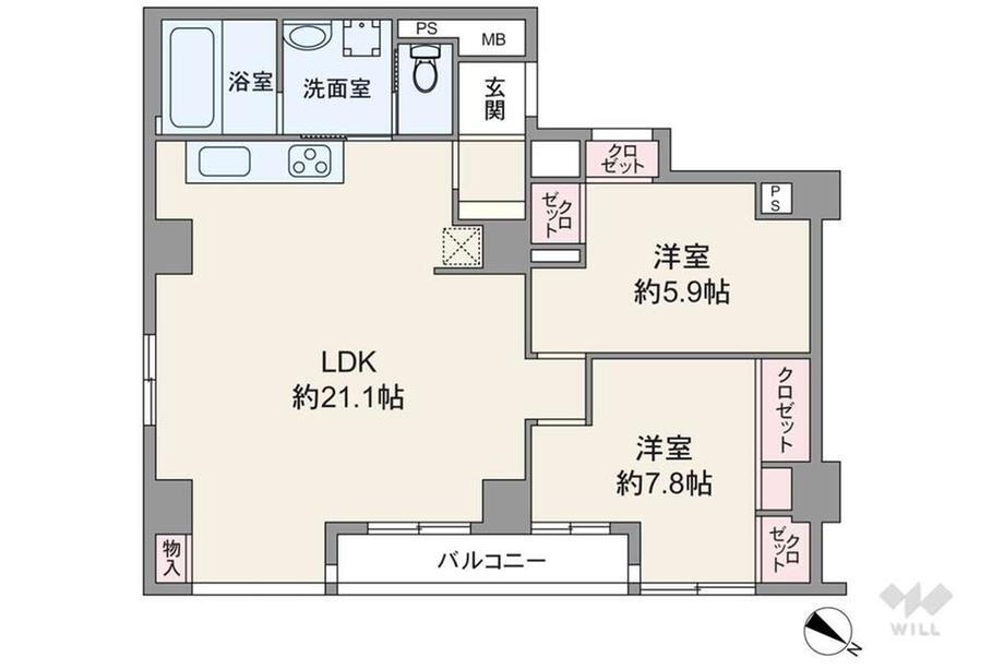 シティハイツ三ノ輪 2LDK、価格5180万円、専有面積79.87m<sup>2</sup>、バルコニー面積6.78m<sup>2</sup> 間取りは専有面積79.87平米の2LDK。室内廊下が短く居住スペースを広く確保したプラン。LDKは21.1帖の広さがあり、2面採光を確保しています。