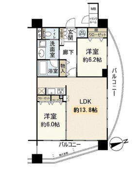 ダイヤモンドライフ湘南 2LDK、価格2100万円、専有面積69.68m<sup>2</sup>、バルコニー面積19.72m<sup>2</sup> 間取り