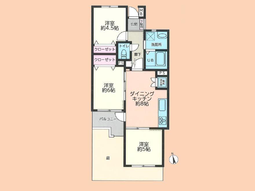 ライオンズマンション相武台 3DK、価格1730万円、専有面積54.37m<sup>2</sup>、バルコニー面積4.5m<sup>2</sup> リフォーム済で室内大変綺麗！すぐに入居可能なので「今日見たい」に対応できます♪階下への音の心配がない1階部分・広々専用庭付きのお部屋です。