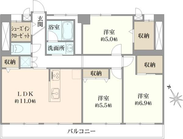 フローラ小松川 3LDK、価格3380万円、専有面積75.61m<sup>2</sup>、バルコニー面積16.2m<sup>2</sup> 間取り図