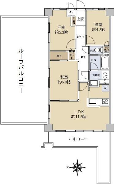 ワコーレ越谷 3LDK、価格1980万円、専有面積60.77m<sup>2</sup>、バルコニー面積14.52m<sup>2</sup> 